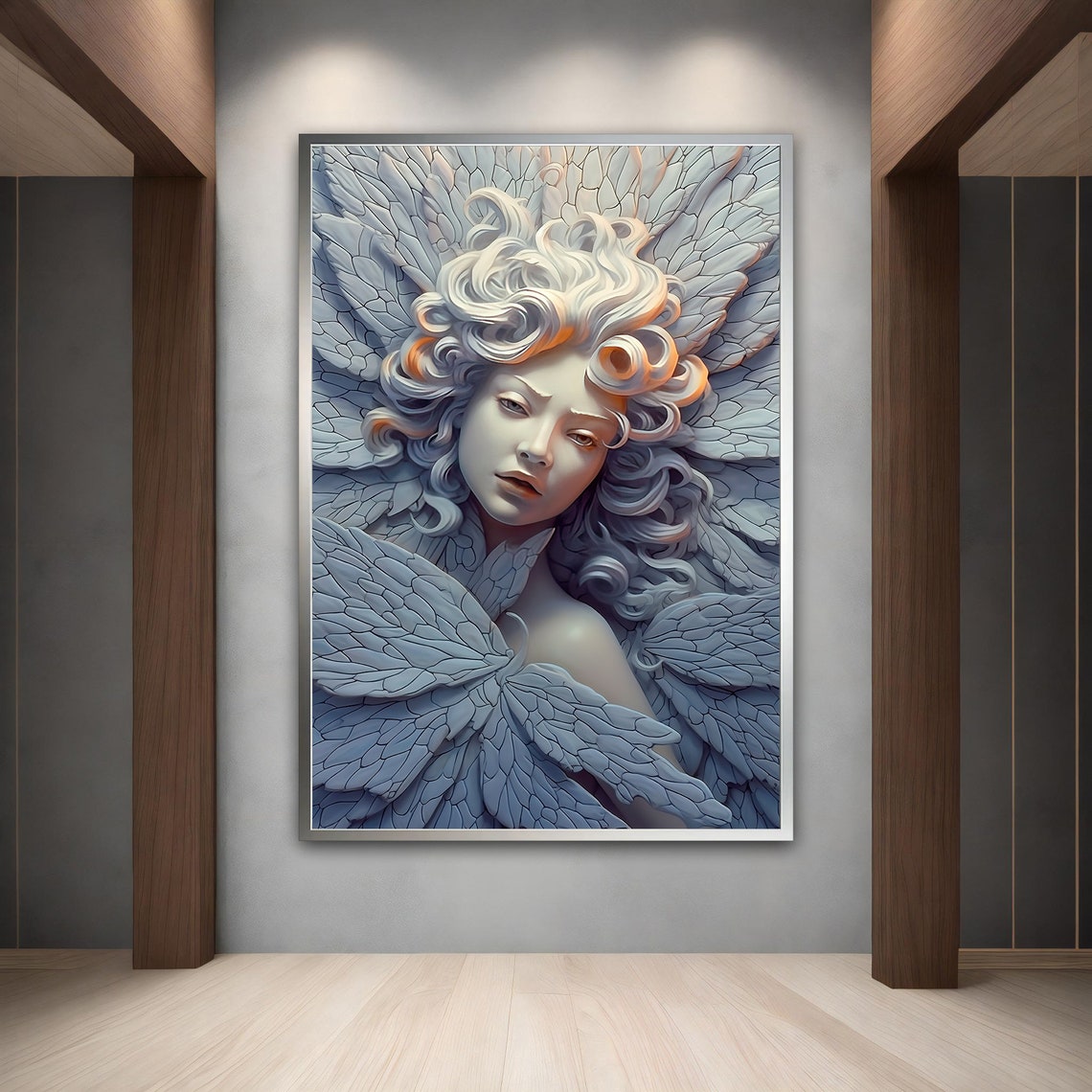 Sculpture Style Woman Feather Wings Cool Blue Gray Wall Art Print - Image 4