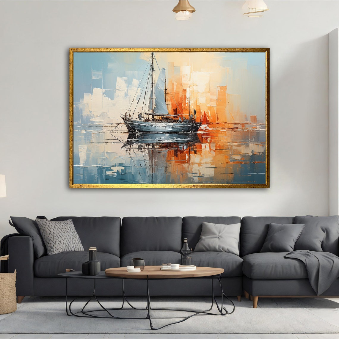 Sailboat Sunset Harbor Abstract Oil Painting Nautical Wall Art Poster - Image 2