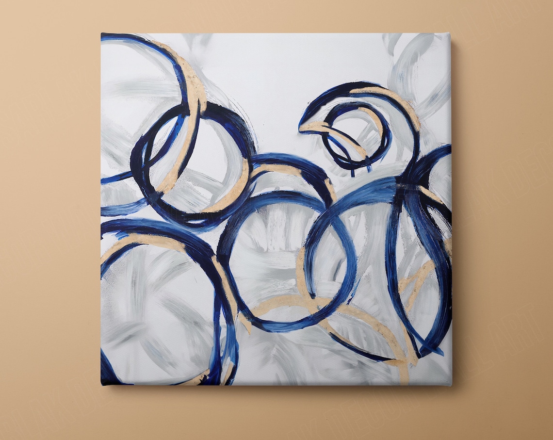 Navy Blue Circular Brushstrokes With Gold Accents Minimalist Wall Art