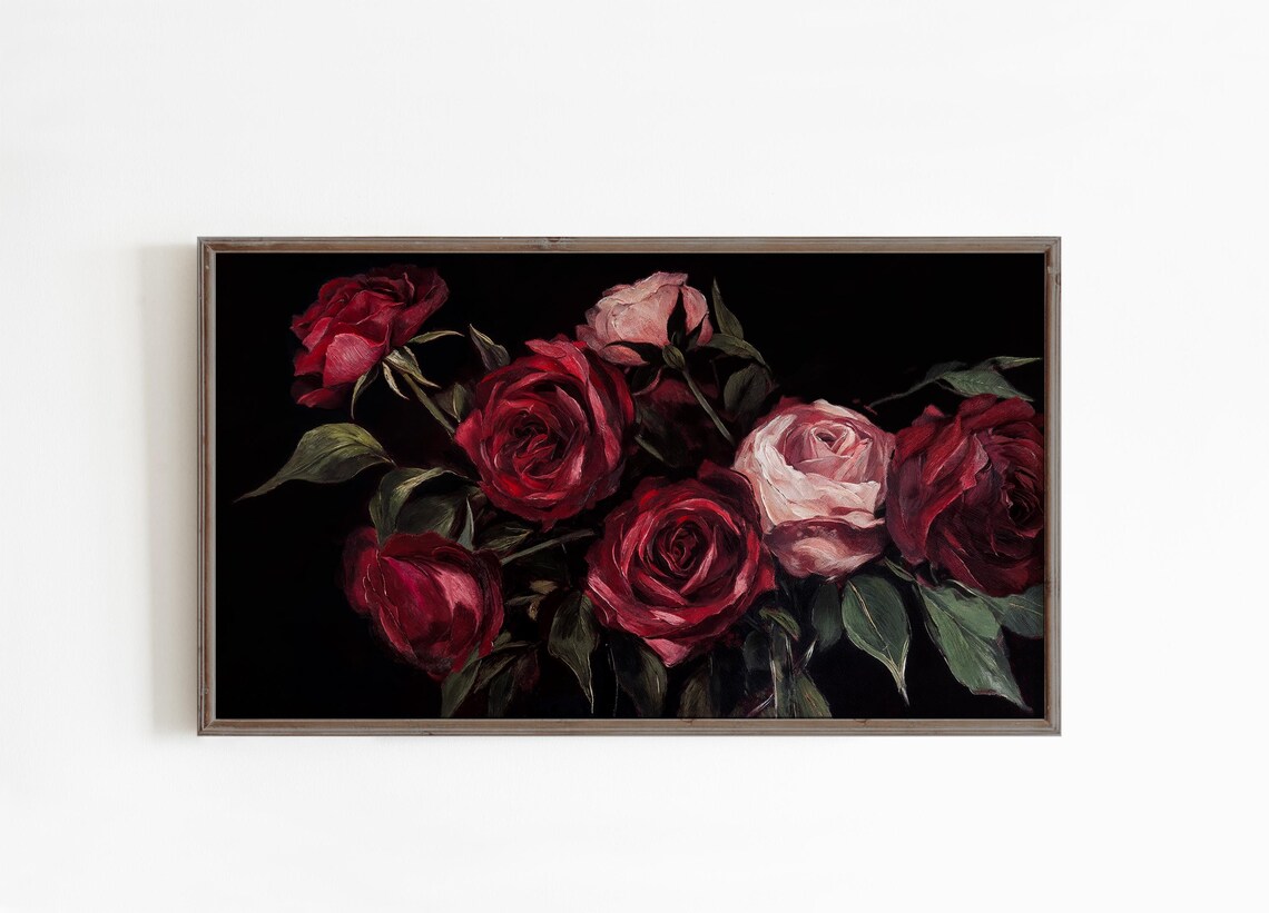 Moody Dark Red Roses Bouquet Black Background Floral Wall Art