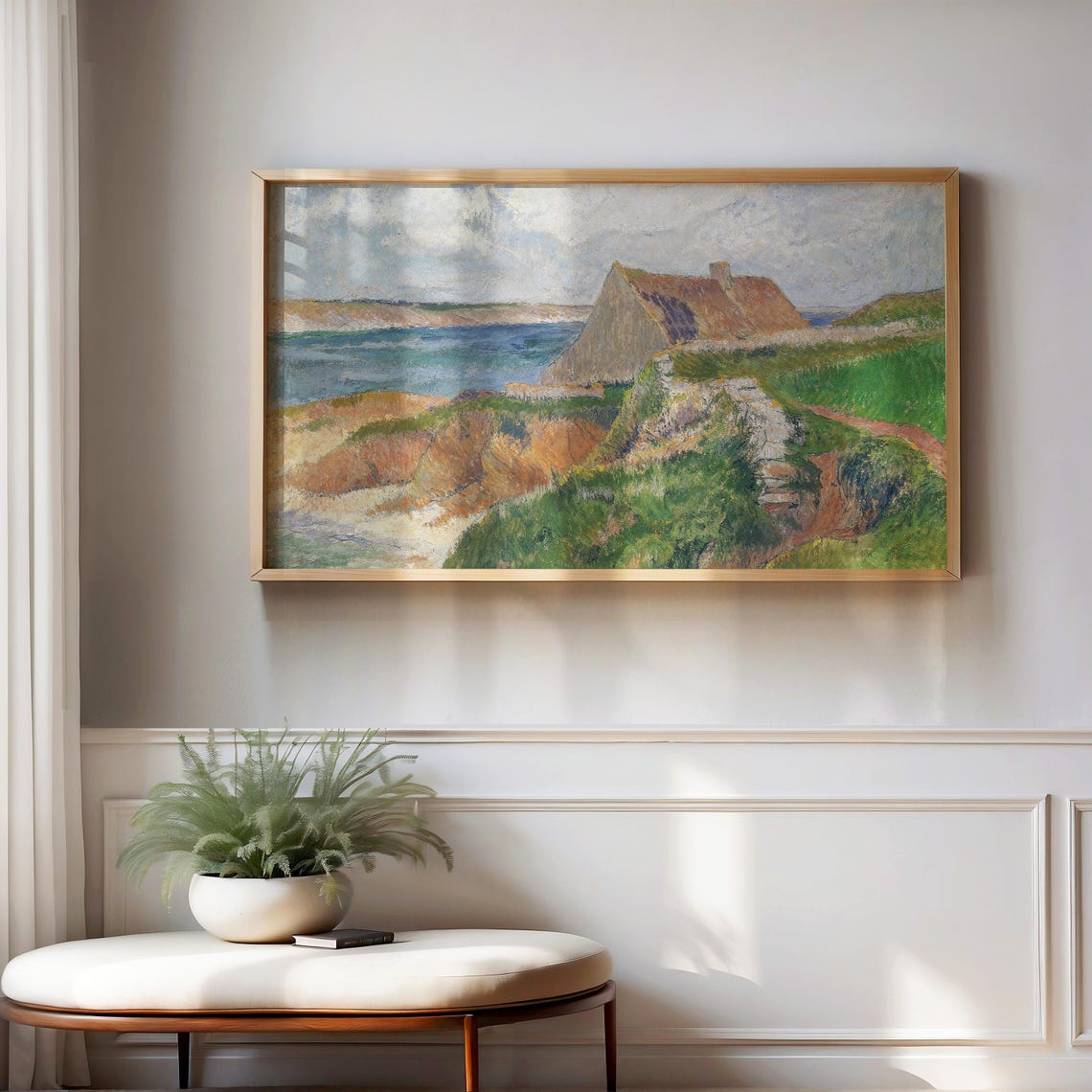 Coastal Stone Cottage Cliff Impressionist Seascape Painting Poster - Image 3