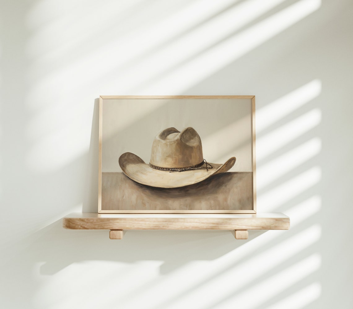 Cowboy Hat Still Life Painting Neutral Tones Western Rustic Wall Art - Image 4