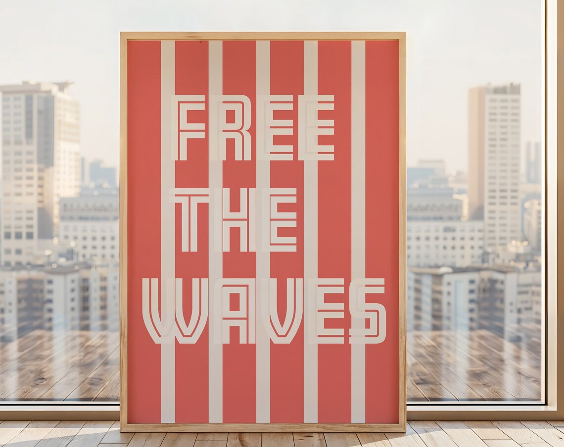 Free the Waves Cream Stripes on Coral Landscape Retro Surf Poster