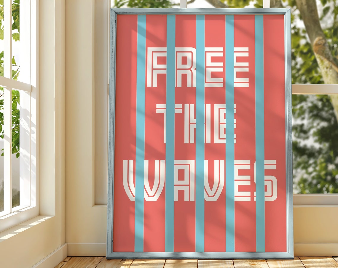 Free the Waves Bold Teal Stripes on Coral Retro Surf Art Poster
