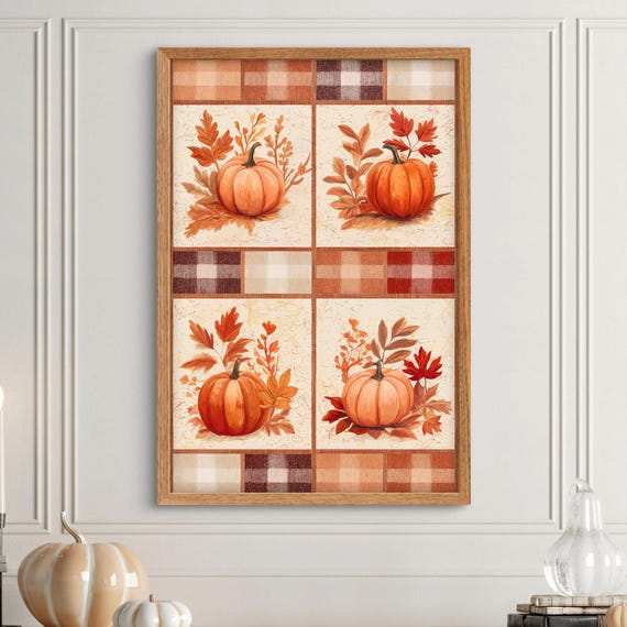 Fall Plaid Pumpkin Wall Art Rustic Autumn Leaves Print Farmhouse Thanksgiving Decor Cozy For Home