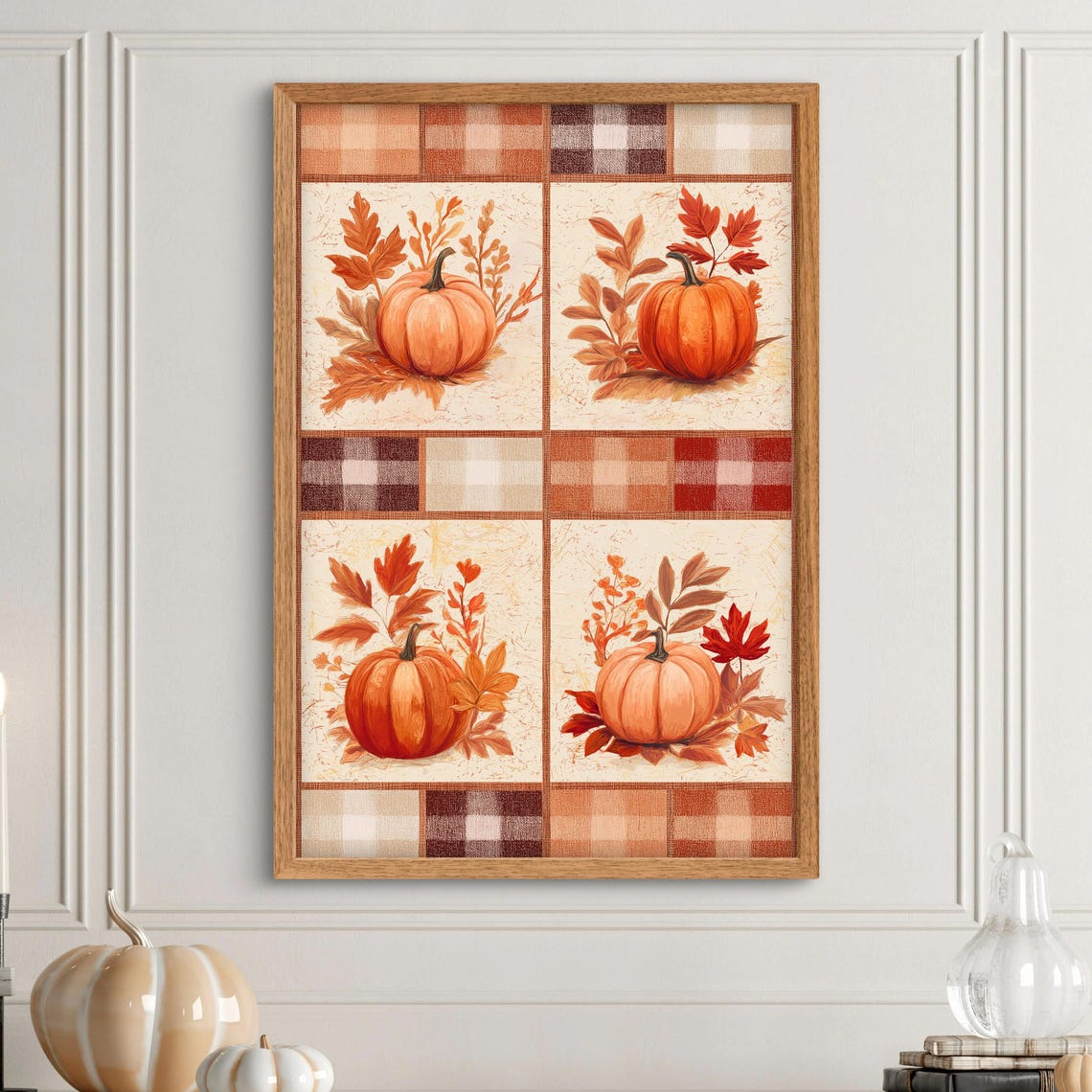 Fall Pumpkin Patchwork Quilt Plaid Squares Harvest Art Poster