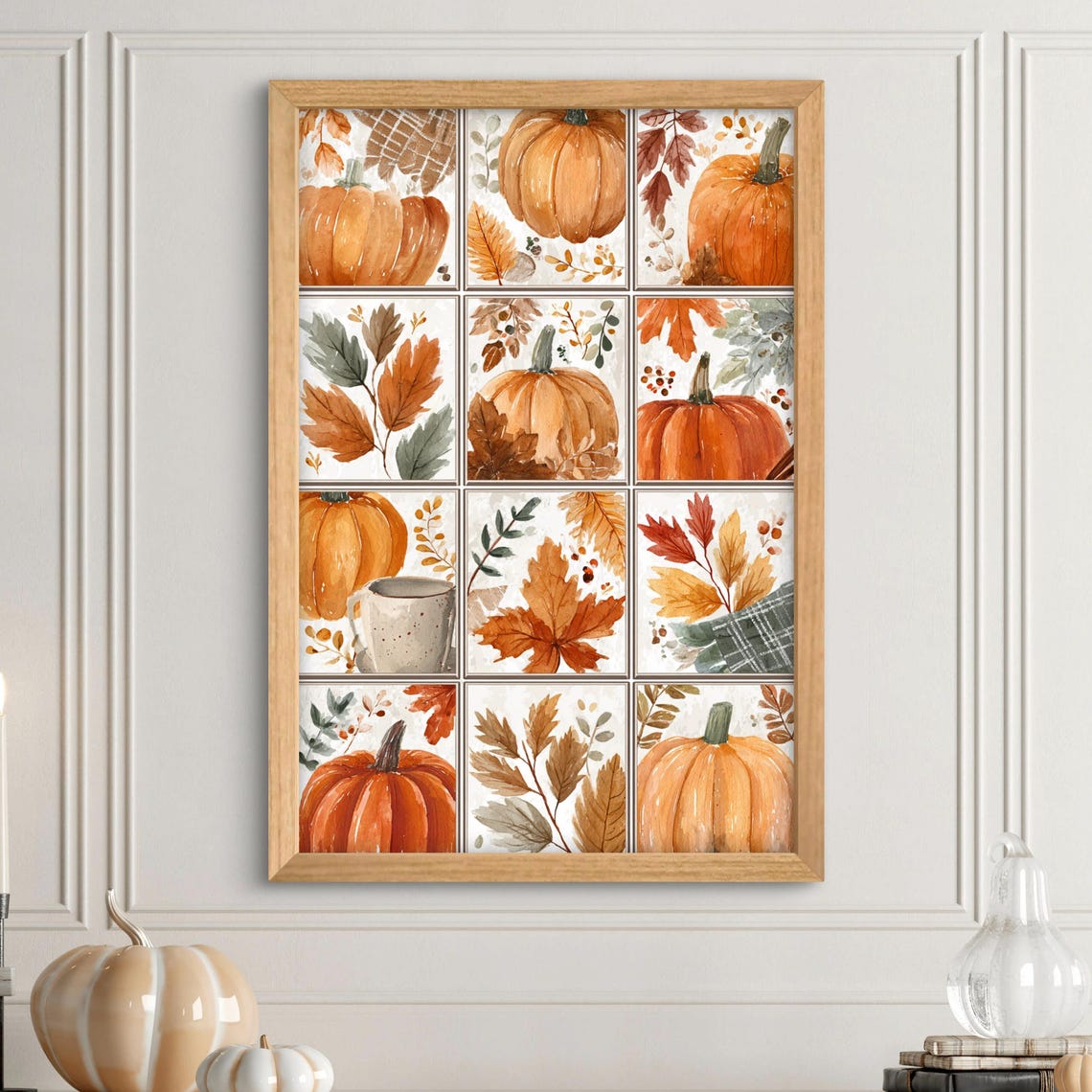 Watercolor Pumpkin Grid Autumn Leaves Fall Harvest Collage Art Poster