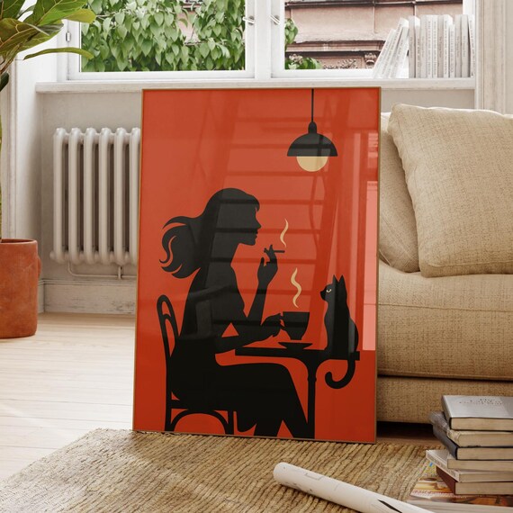 Woman With Cat Coffee Retro Silhouette Mid Century Wall Poster