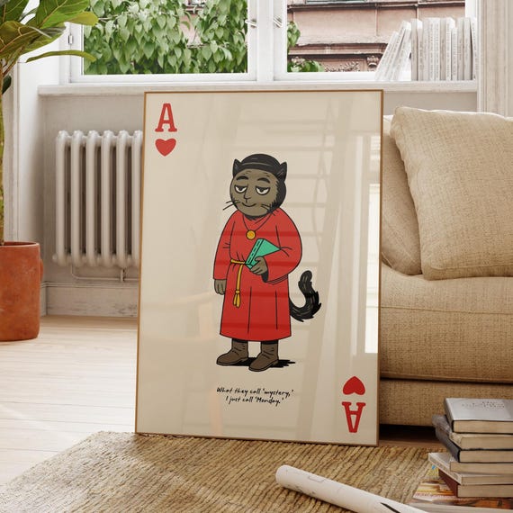Ace Of Hearts Cat Poster Funny Priest Wall Art Red Robe Animal Illustration Whimsical Decor Gift