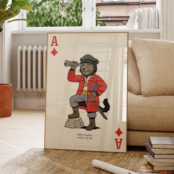 Pirate Cat Ace Of Diamonds Wall Art Funny Nautical Poster Sailor Vintage Playing Card Decor For Home