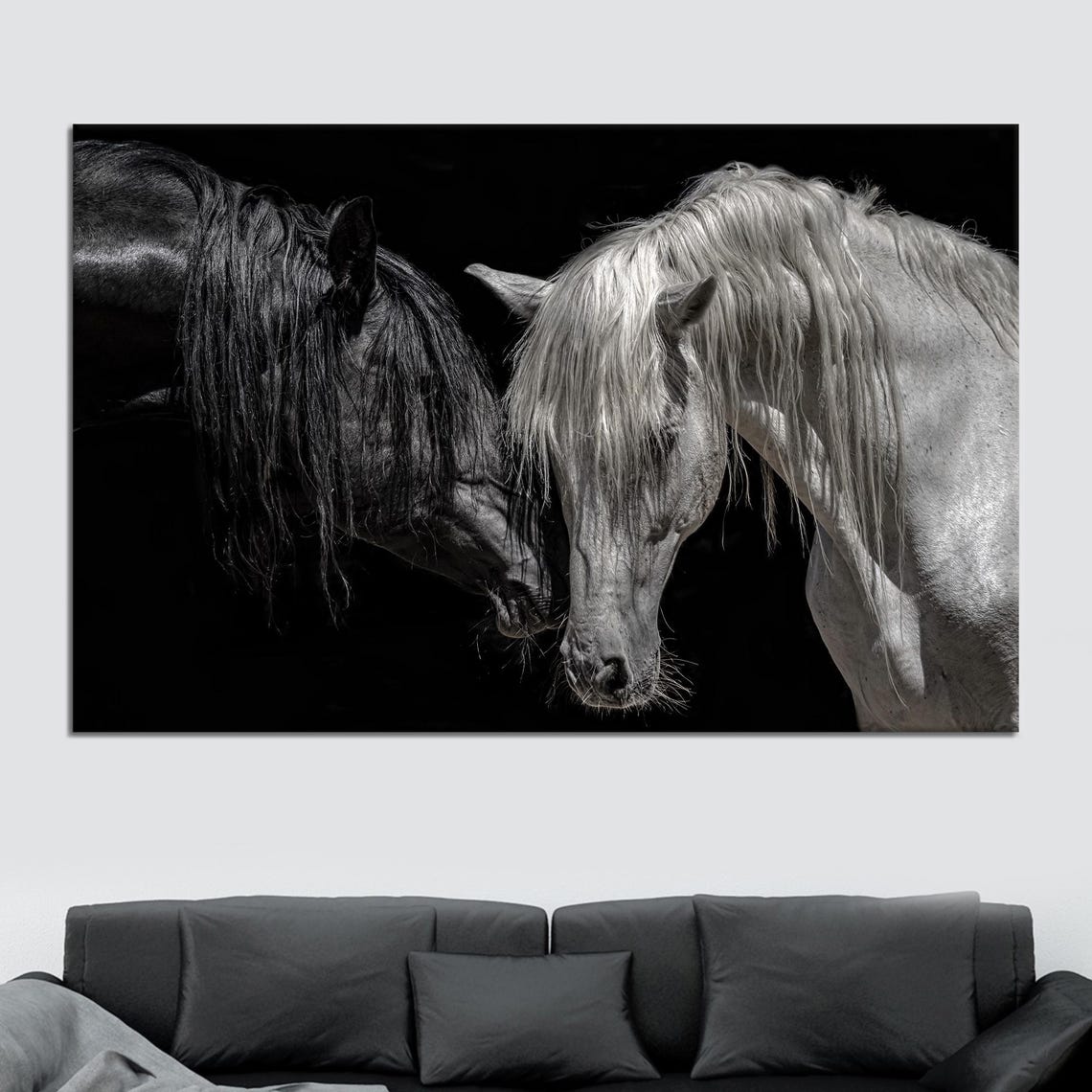 Black and White Horses Tender Moment Monochrome Photo Art Poster