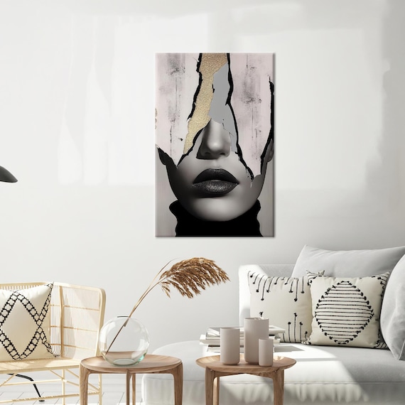 Abstract Woman Face Torn Paper Gold Accent Modern Portrait Wall Art
