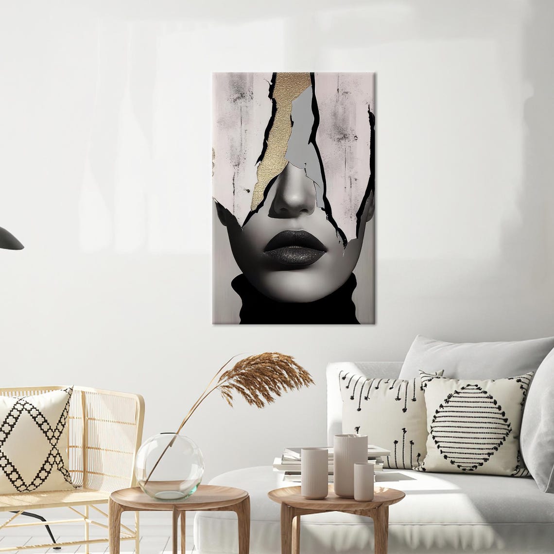 Abstract Woman Face Torn Paper Gold Accent Modern Portrait Wall Art