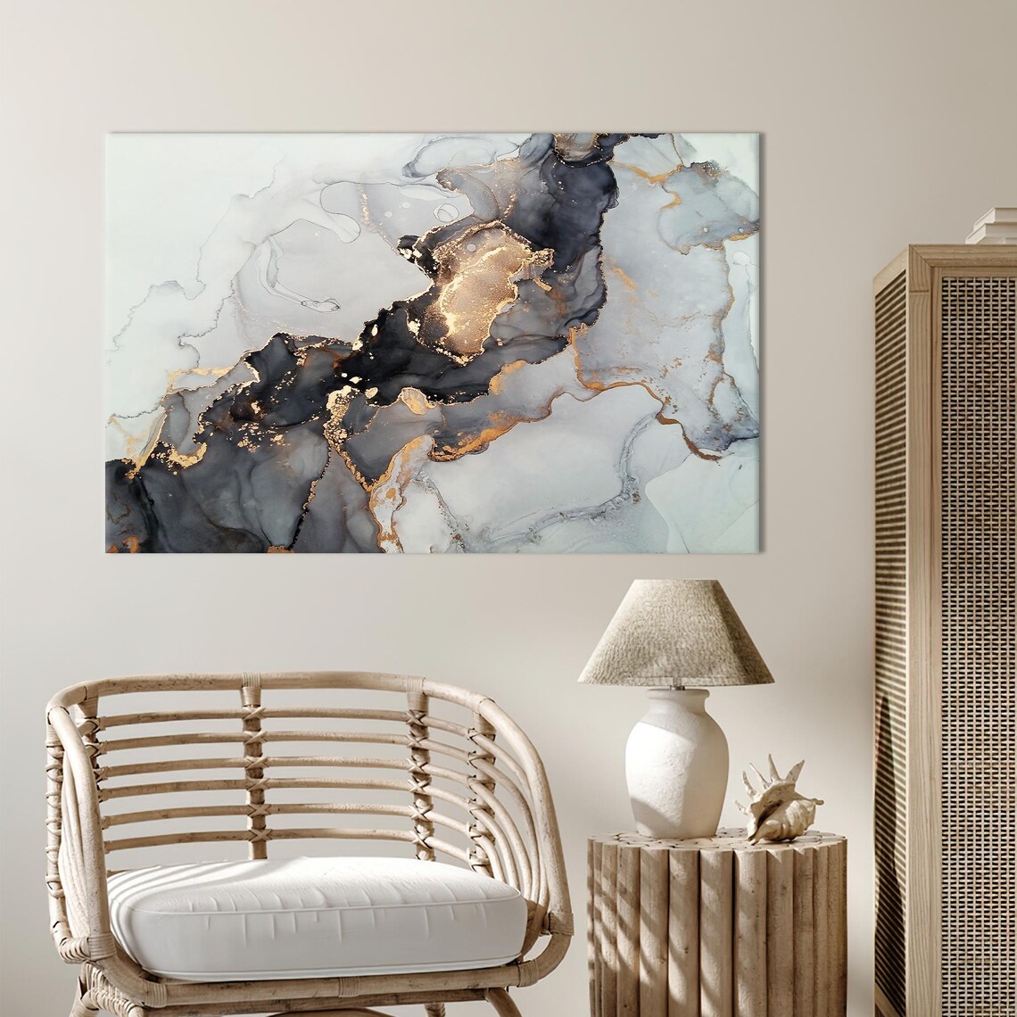 Black Gold Marble Modern Alcohol Ink Art Print