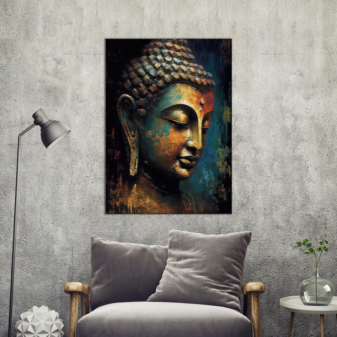 Golden Buddha Head Serene Textured Oil Painting Zen Wall Poster
