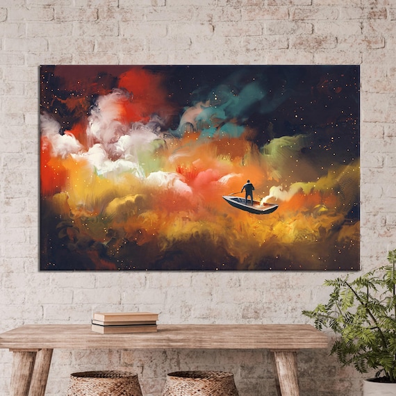 Abstract Boat Canvas Art Colorful Space Cloud Decor