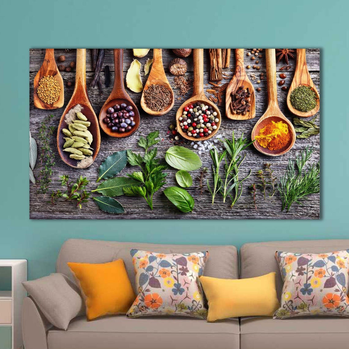 Rustic Wooden Spoons Full Of Colorful Spices Kitchen Wall Poster