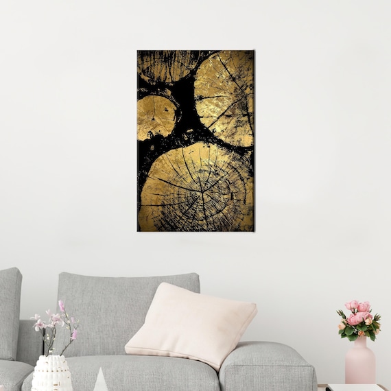 Black And Gold Tree Ring Wood Slice Abstract Canvas Art Print