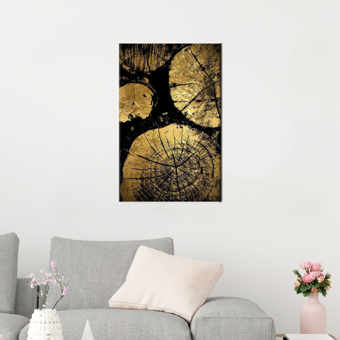 Black And Gold Tree Ring Wood Slice Abstract Canvas Art Print