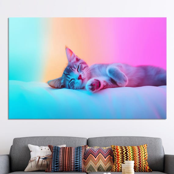Sleeping Kitten Neon Pink Blue Gradient Cute Cat Portrait Wall Art