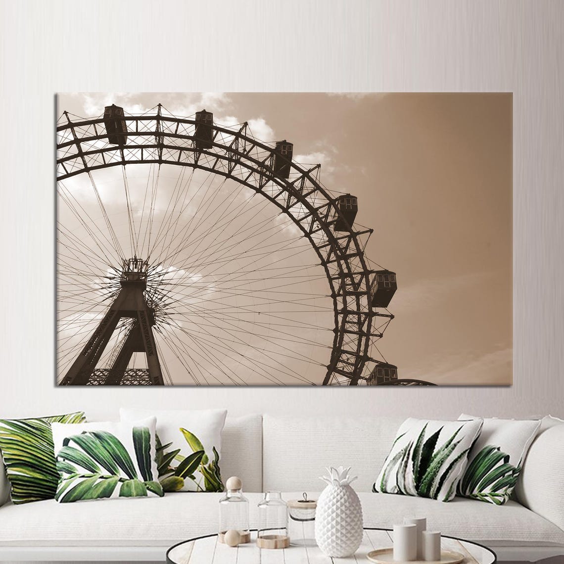 Sepia Ferris Wheel Vintage Amusement Park Silhouette Photo Print