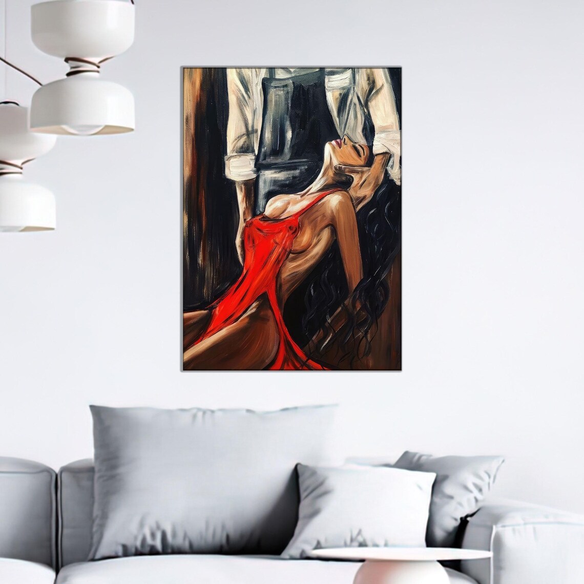 Passionate Couple Embracing Red Dress Oil Painting Romantic Art Print