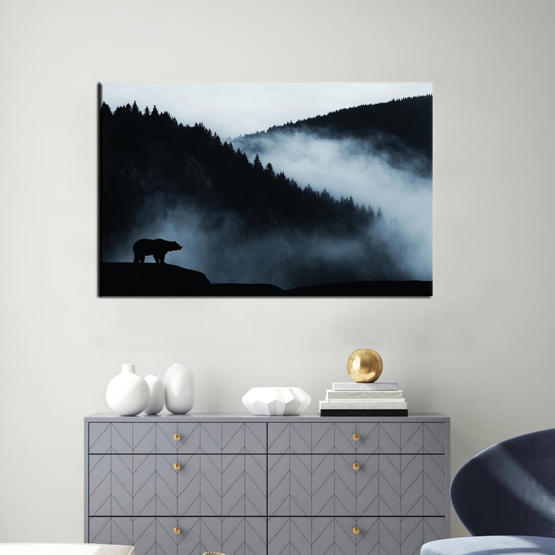 Black Bear Silhouette Misty Mountain Forest Night Scene Wall Art