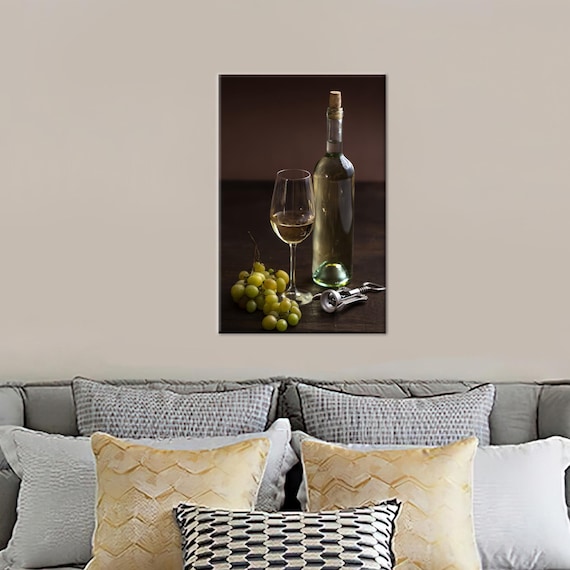 White Wine Bottle Glass Grapes Still Life Dark Photography Wall Art