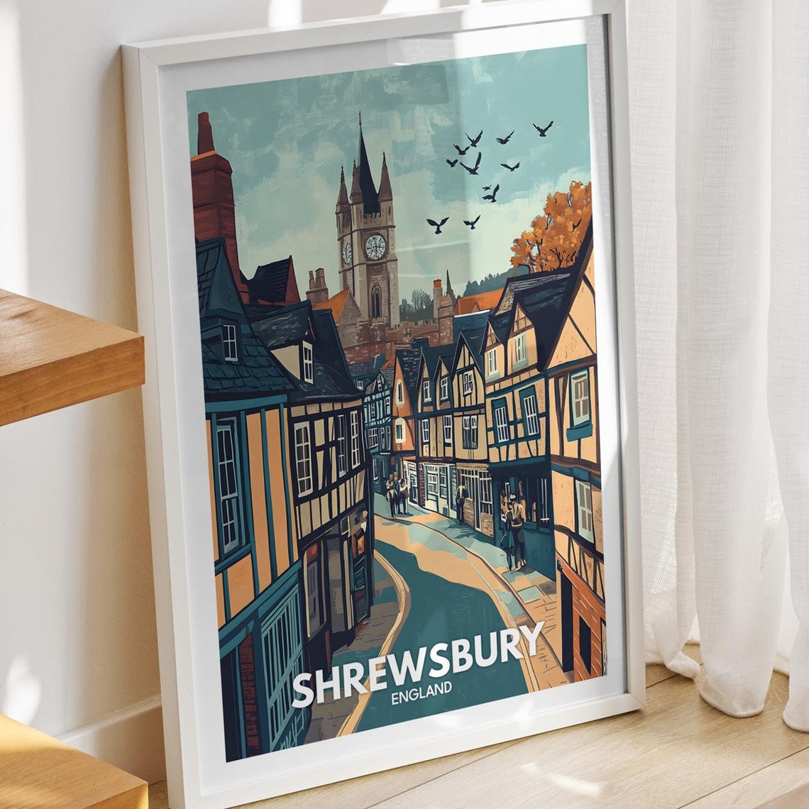 Shrewsbury Travel Print England Shrewsbury Travel Poster England Travel Poster United Kingdom Wall Art English Art Decor