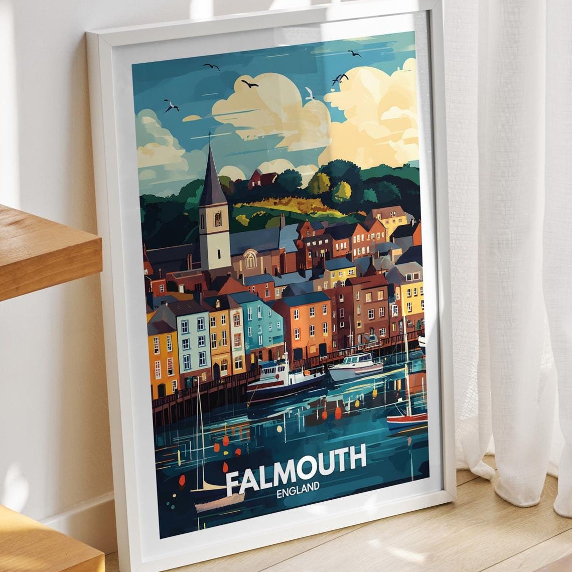 Falmouth Travel Print England Falmouth Travel Poster England Travel Poster United Kingdom Wall Art British Art Decor