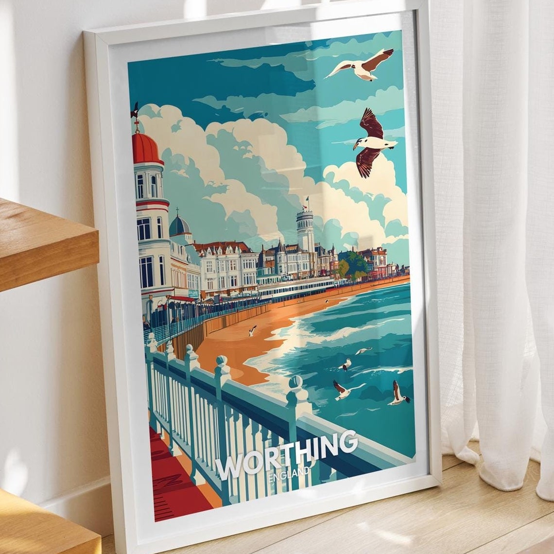 Worthing Travel Print England Worthing Travel Poster England Travel Poster United Kingdom Wall Art English Art Decor