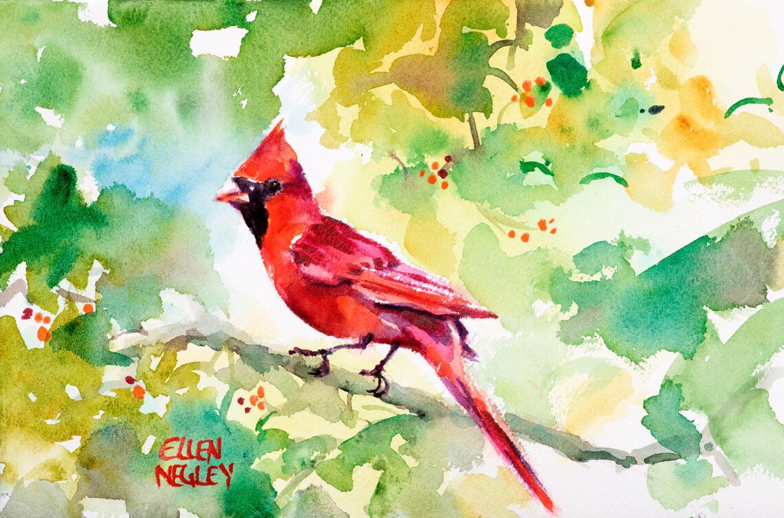 Ellen Negley Cardinal Watercolor Art Print, Florida