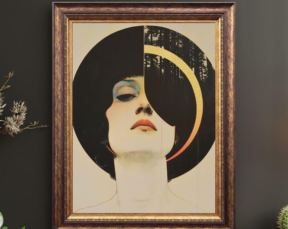 Art Deco Woman Portrait Golden Crescent Forest Dark Bob Canvas Poster