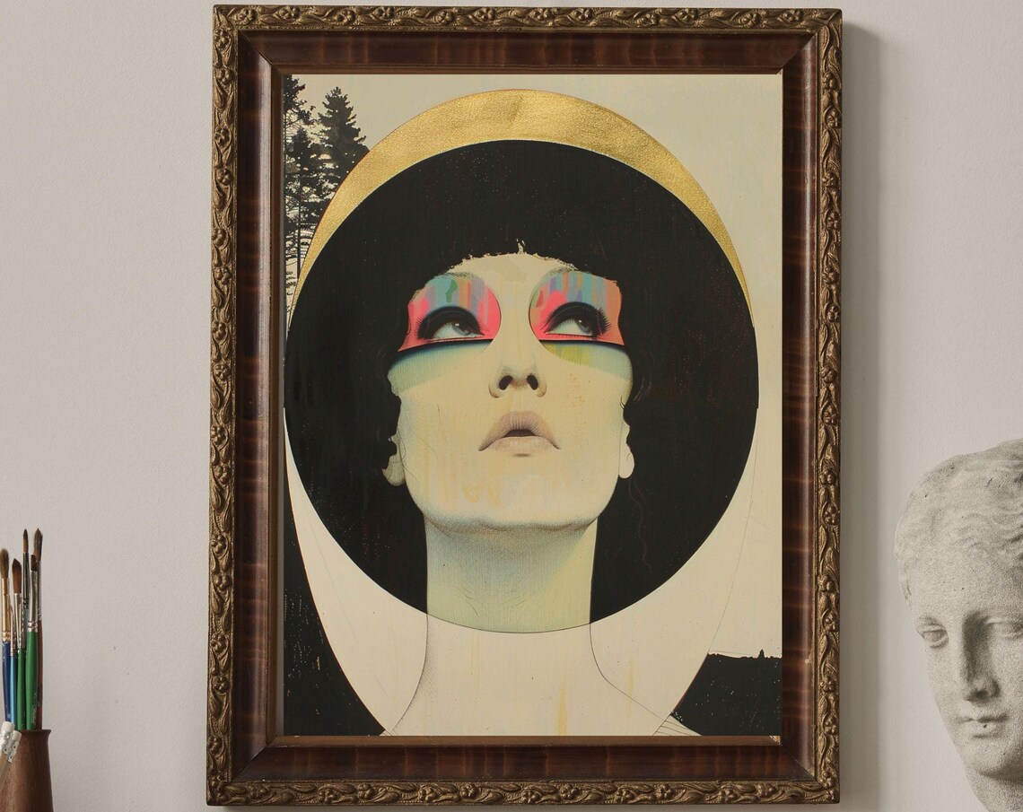 Art Deco Woman Gold Halo Rainbow Eyes Modern Portrait Poster