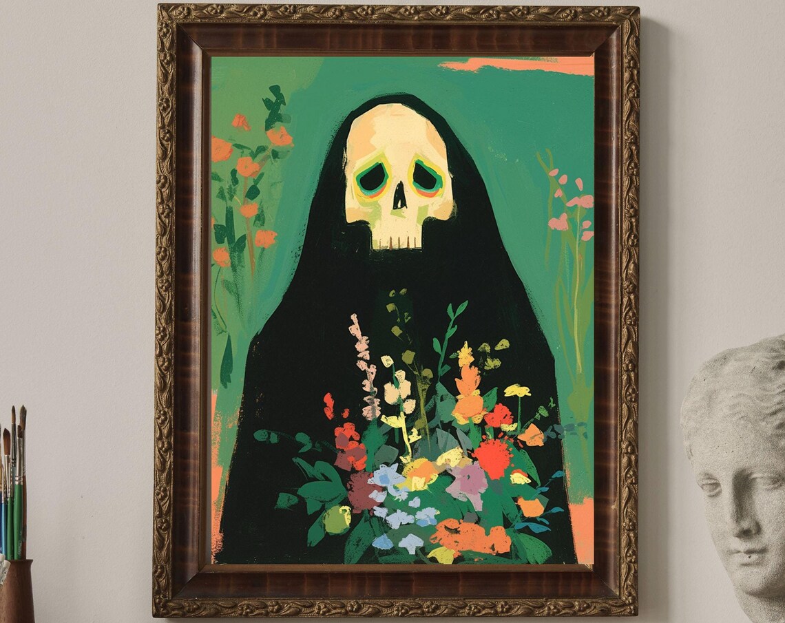Grim Reaper Skull With Blooming Flowers Dark Folk Art Poster