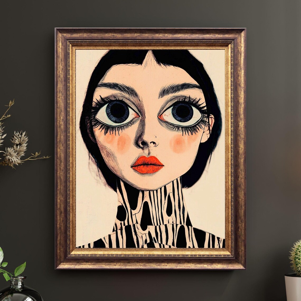 Big Eyed Surreal Woman Portrait Zebra Stripe Bold Art Poster