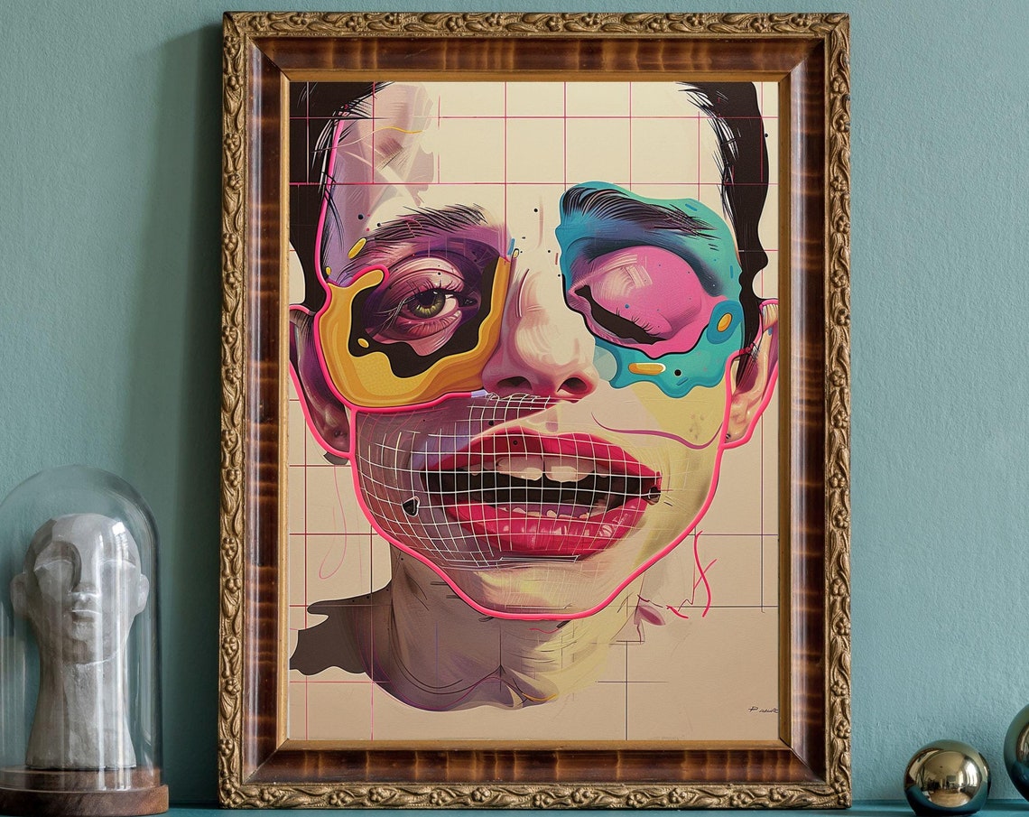 Grid Addiction No7 Surreal Face with Neon Grid Lines Art Poster