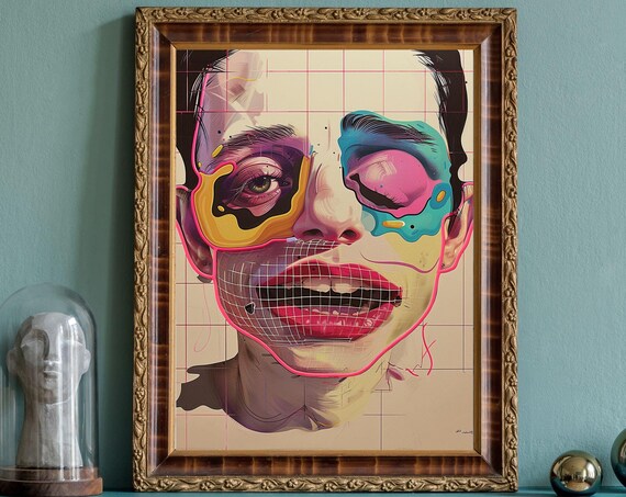 Grid Addiction No7 Surreal Face with Neon Grid Lines Art Poster