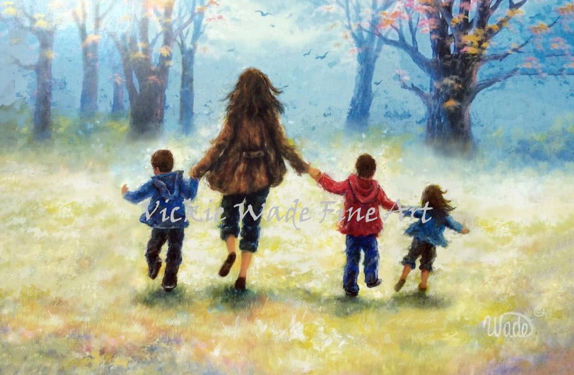 A Mother Walking Hand in Hand with Her Three Children Poster