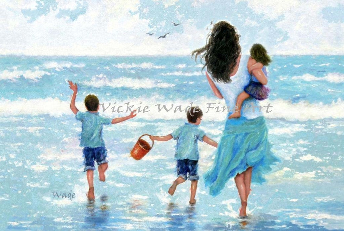 Mother With Two Sons and Daughter Playing in the Ocean Waves Poster