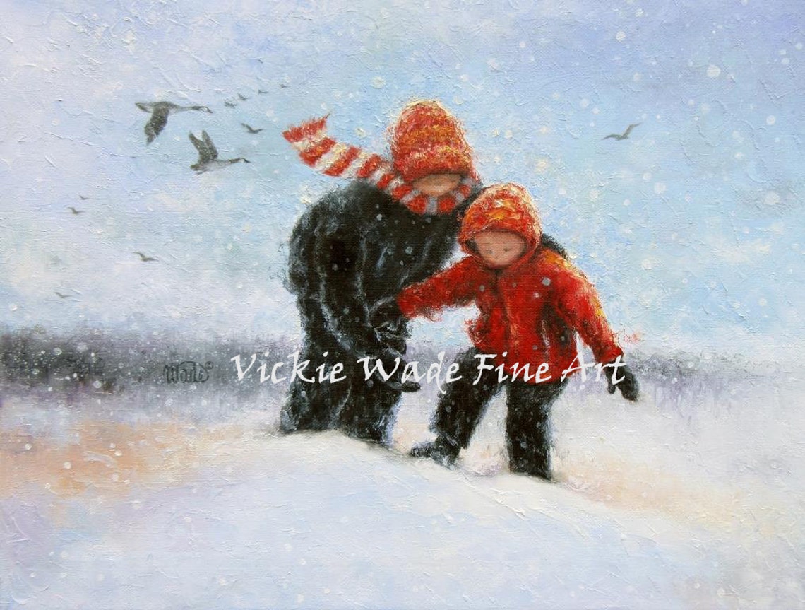 Two Children Walking Arm in Arm Through Deep Snow Winter Poster