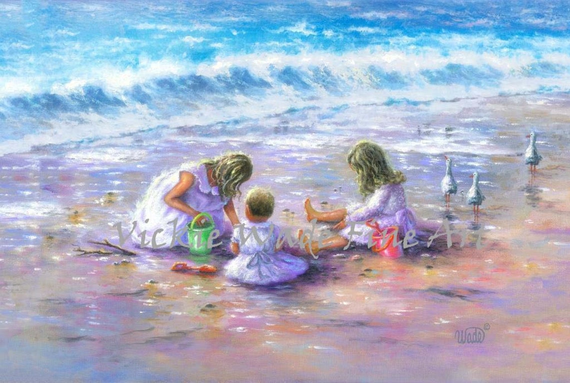 Three Beach Children Playing in the Surf With Seagulls Summer Poster