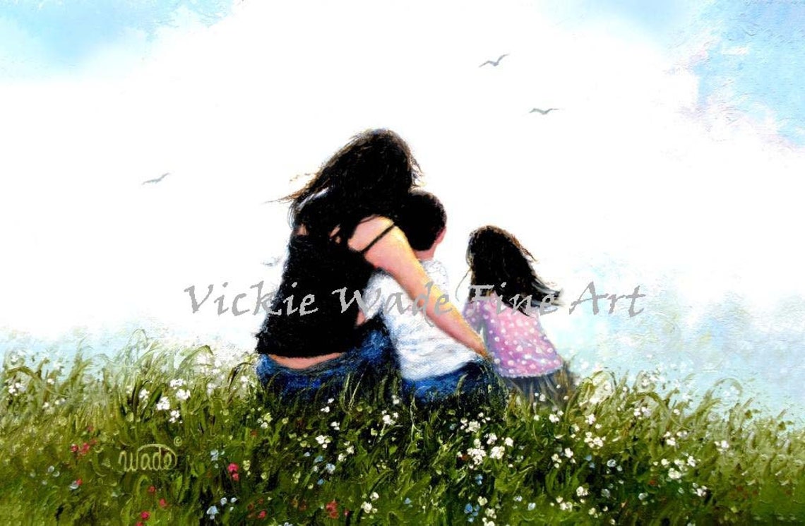 Mother Son And Daughter Hugs Art Print Black Haired Mom Mum Mommy Wall Art Asian Art Boy And Girl Brother And Sister Vickie Wade Art
