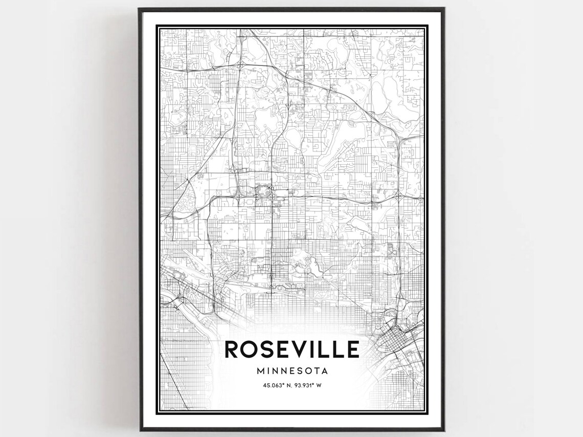 Roseville Minnesota Minimalist Black and White City Map Wall Art