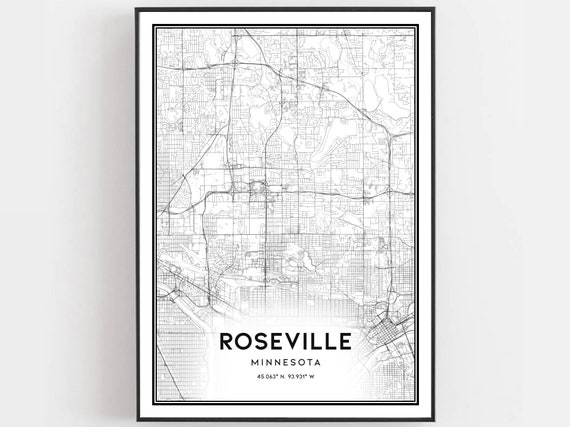 Roseville Map Print Poster Wall Art Mn City Minnesota Street Decor Road Gift B1723