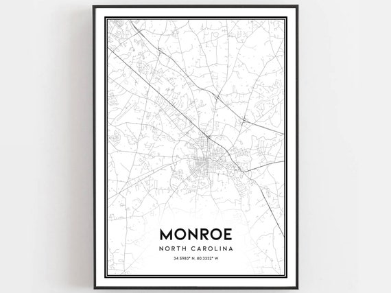 Monroe Map Print Poster Wall Art Nc City North Carolina Street Decor Road Gift B1750