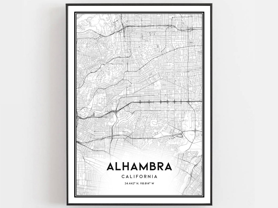 Alhambra California Minimalist Black and White City Map Poster