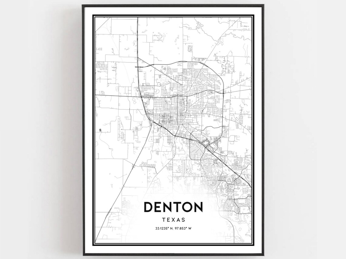 Denton Texas Minimalist Black and White City Street Map Poster