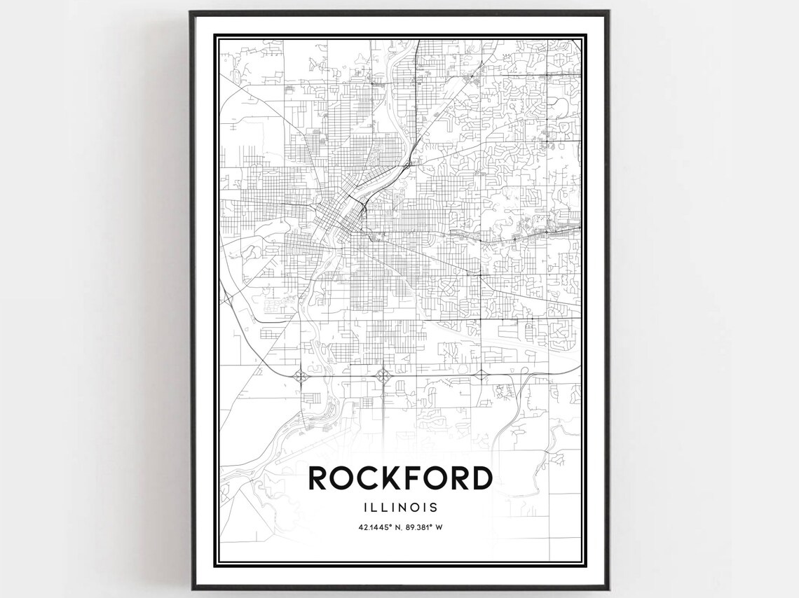 Rockford Illinois Minimalist Black White City Street Map Poster
