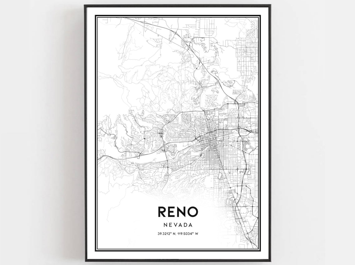 Reno Nevada City Street Map Black and White Modern Poster Art